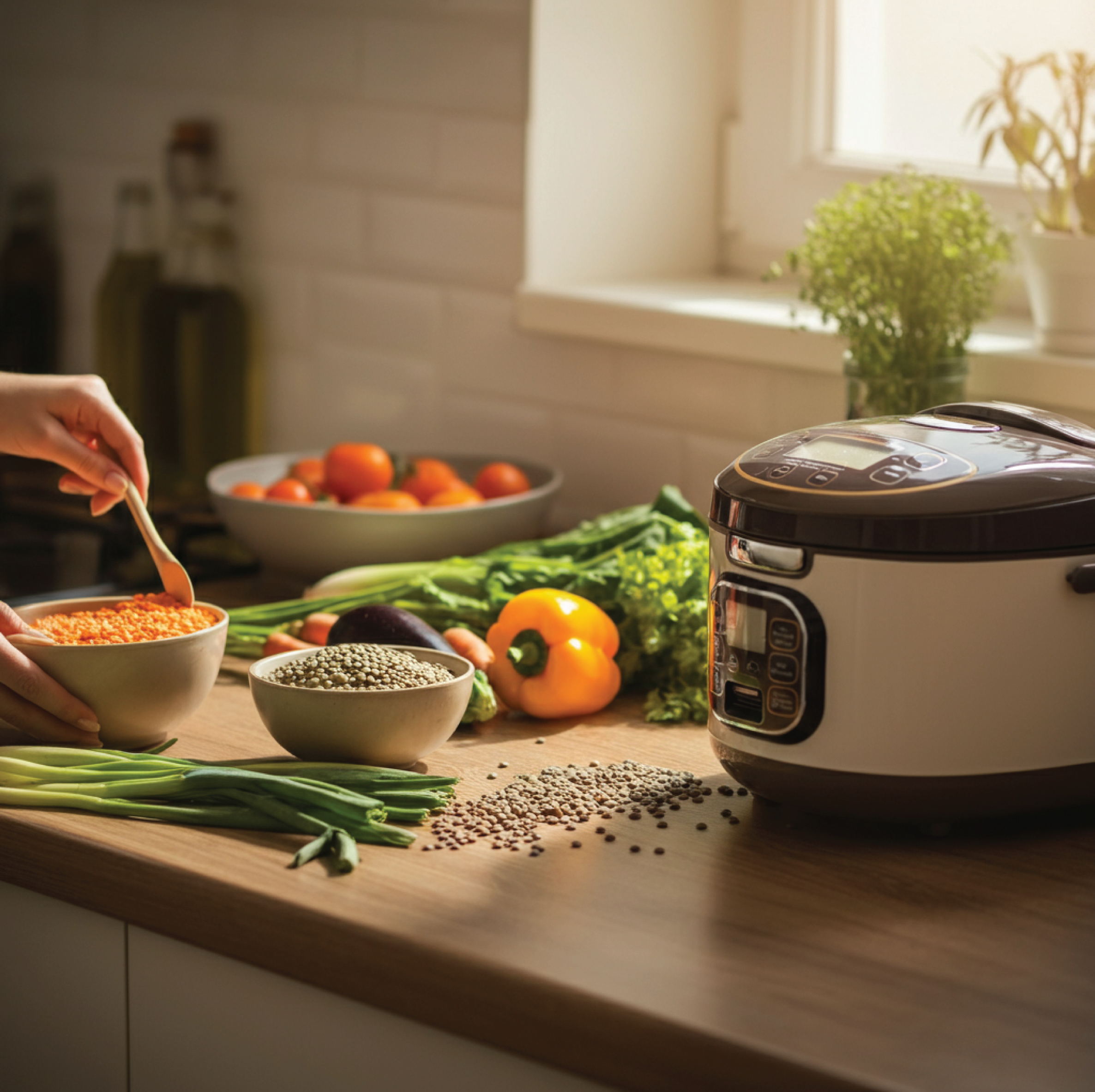 A cozy kitchen with a busy plant-based home cook preparing a nutritious meal, featuring fresh vegetables and lentils on the countertop. A rice cooker in the background symbolizes easy meal prep, demonstrating how to cook lentils in a rice cooker.