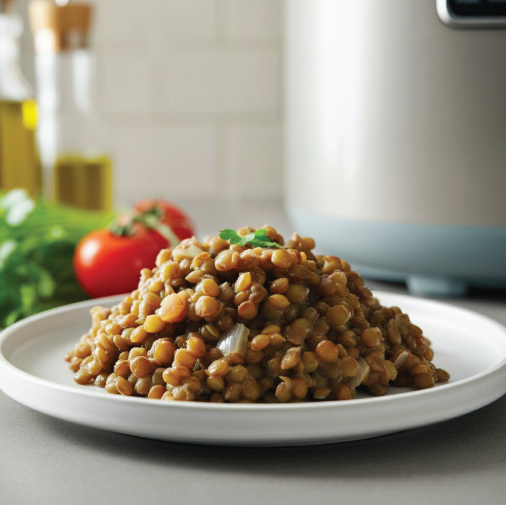 Perfectly cooked brown lentils on a white plate, made using a rice cooker. Demonstrates that you can easily cook lentils in a rice cooker.
