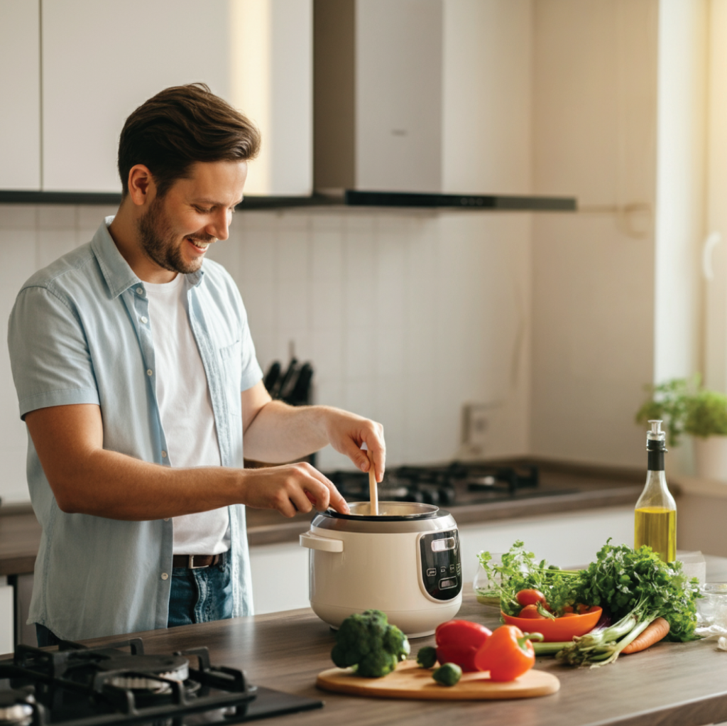 A relaxed cook enjoying their meal in a clean kitchen while a rice cooker works in the background, demonstrating the ease and convenience of cooking with minimal effort.