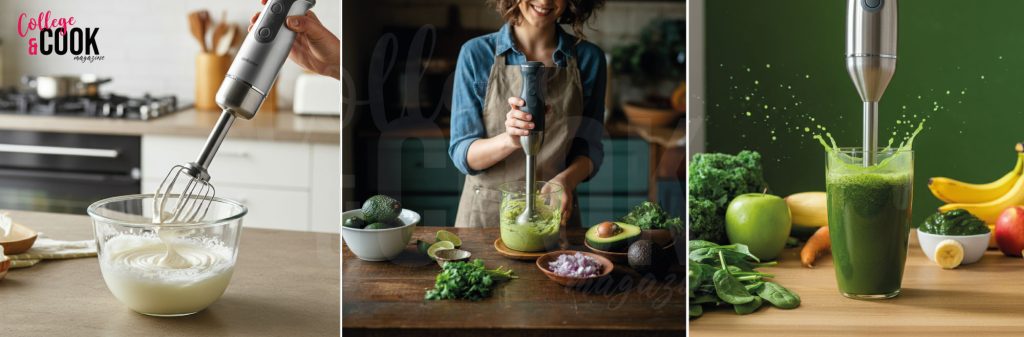 Step-by-step process of using an immersion blender in a modern kitchen. The image shows assembling the blender, submerging it in a pot of soup, and blending until smooth, emphasizing safety and efficiency.