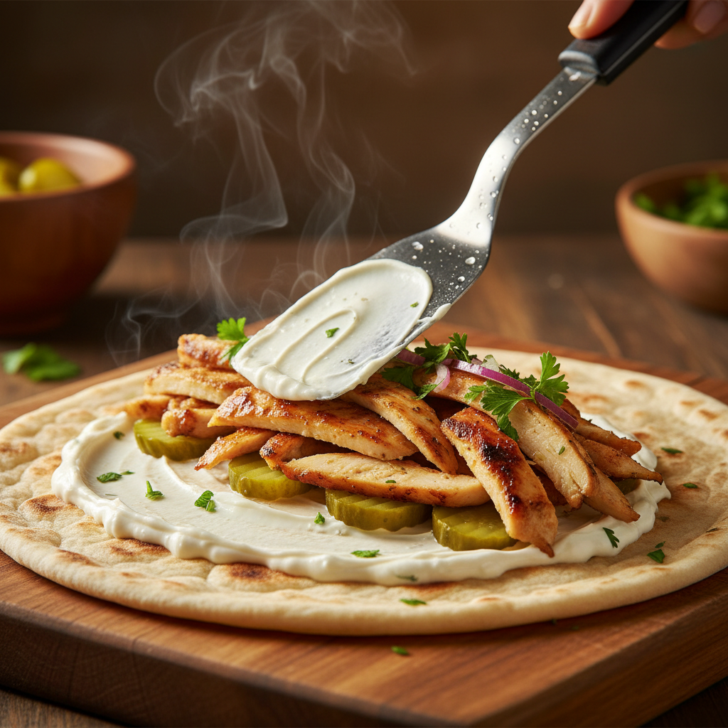 Shawarma wrap being assembled with garlic sauce, pickles, and sliced chicken.
