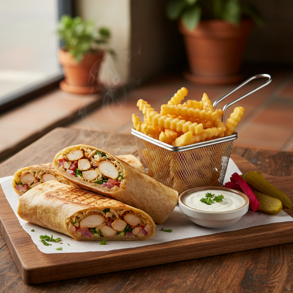 Authentic Middle Eastern Chicken Shawarma. Golden chicken shawarma wraps served with crispy French fries, garlic sauce, and pickles.