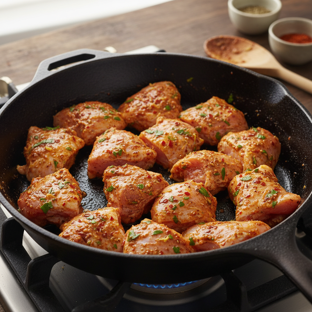 Chicken shawarma cooking in a cast-iron skillet with golden char.
