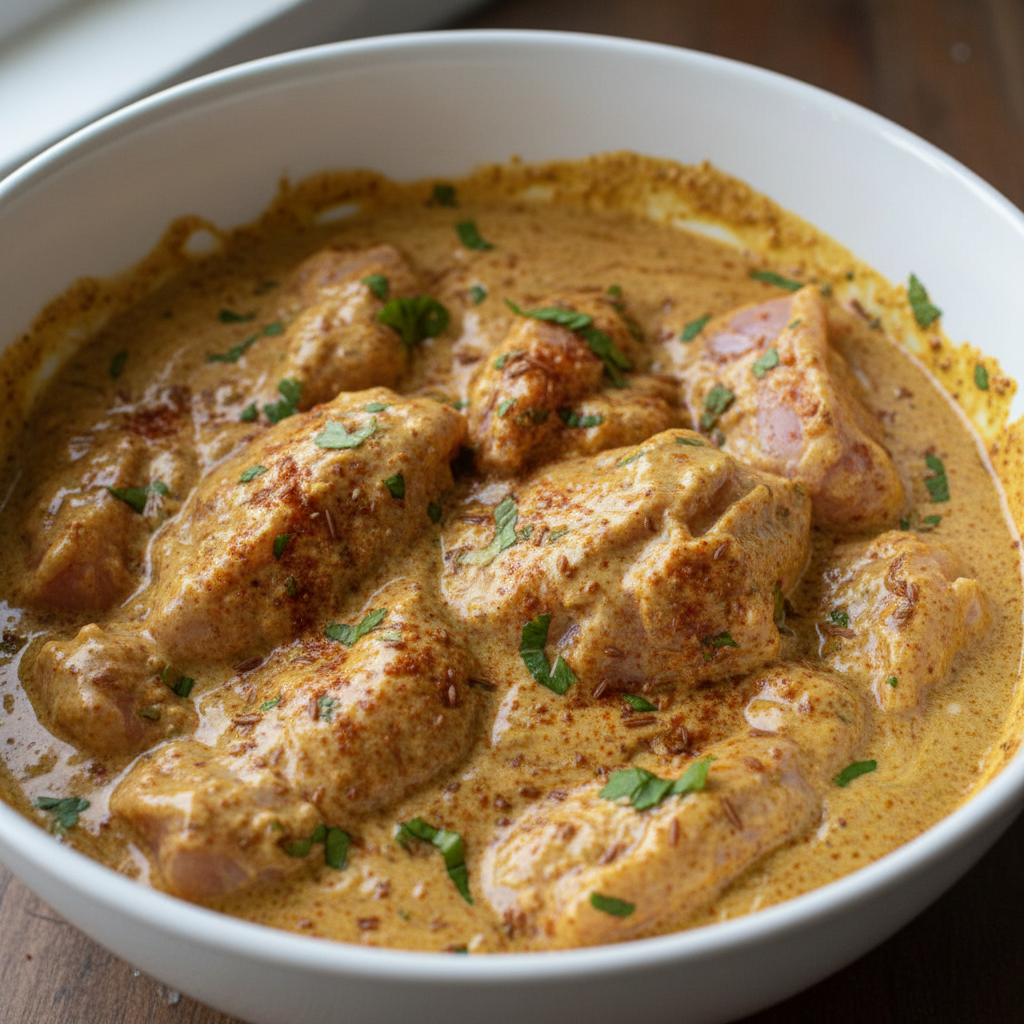 Close-up of marinated chicken pieces with vibrant spices and yogurt.