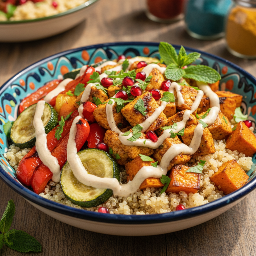 Shawarma bowl with quinoa, roasted vegetables, and tahini dressing.
