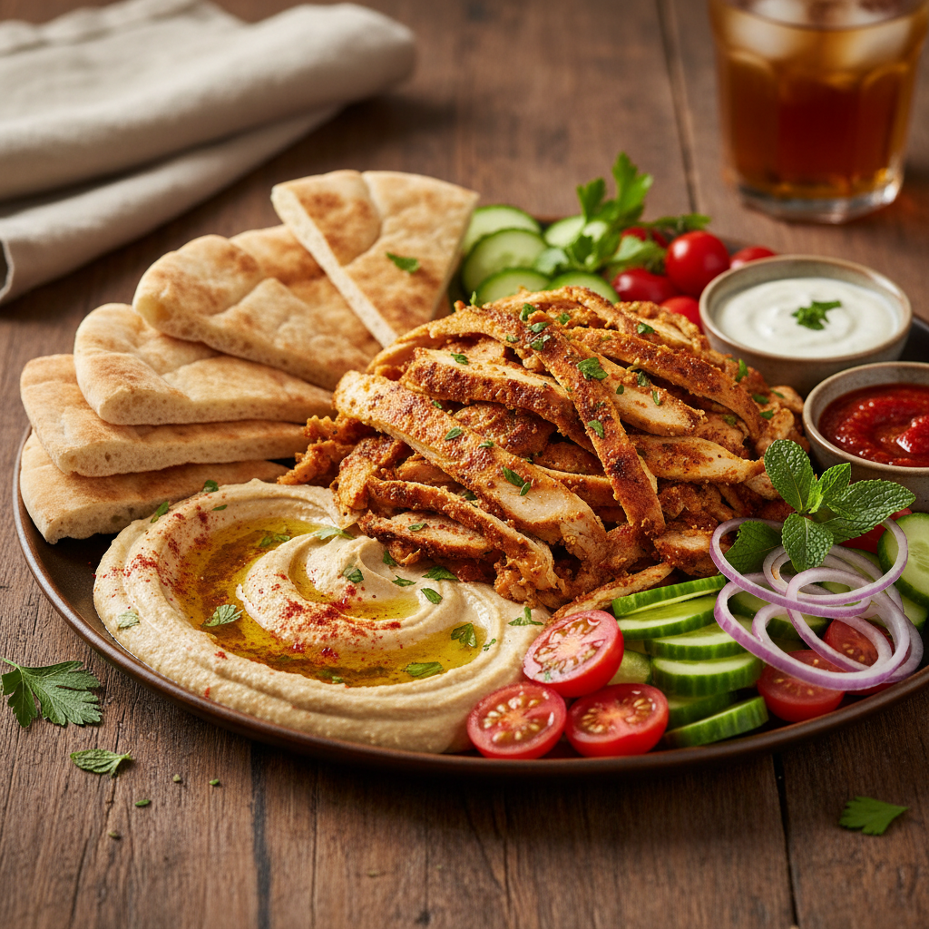 Shawarma platter with sliced chicken, hummus, pita bread, and fresh vegetables.