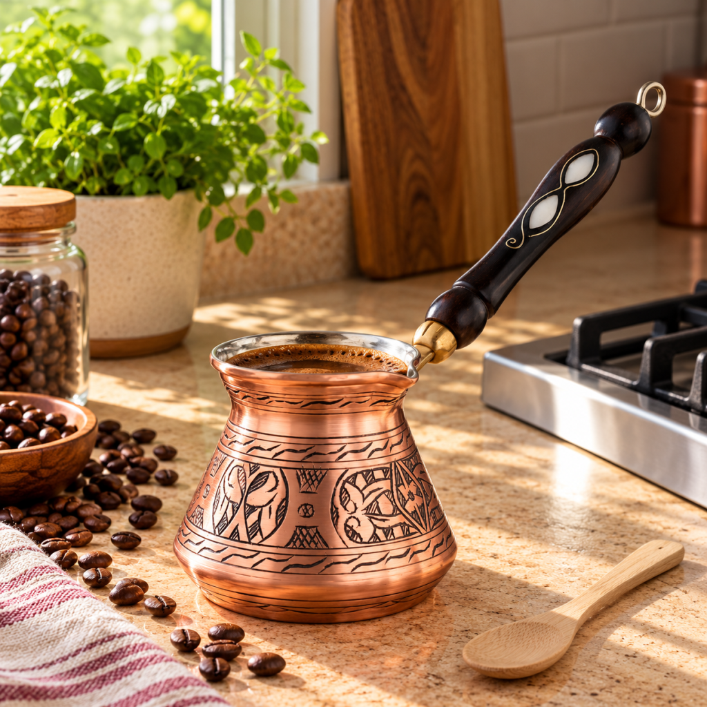 BCS 12 oz hand-engraved copper Turkish coffee pot with wooden handle