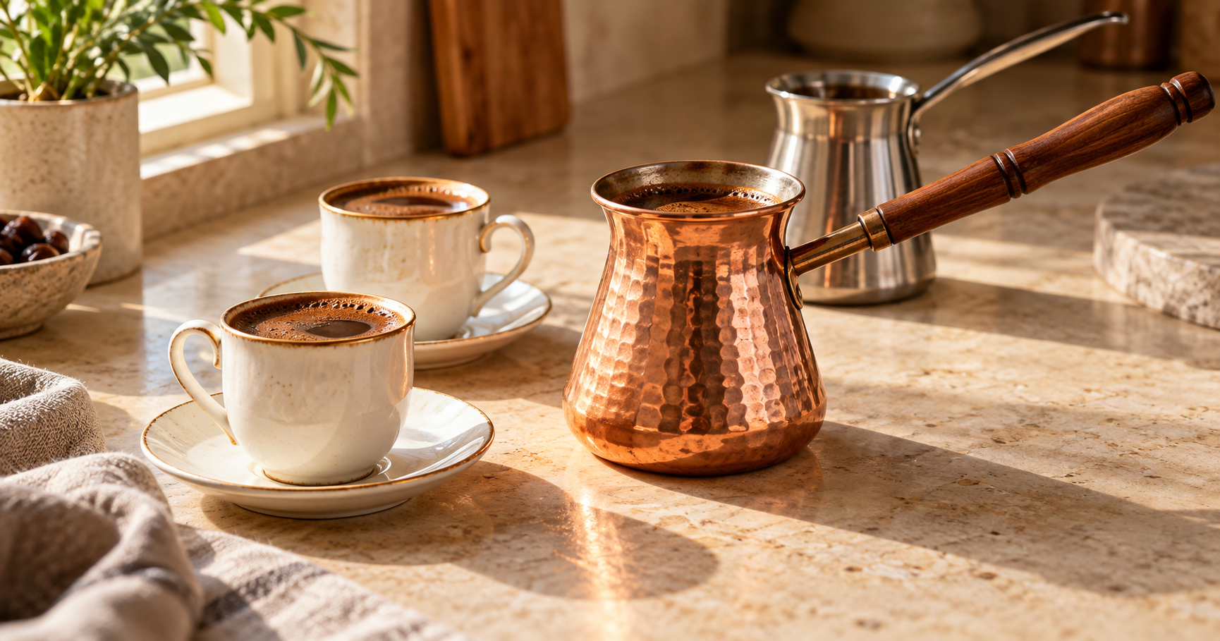 Hammered copper Turkish coffee pot with wooden handle beside two cups of Turkish coffee and a stainless steel cezve