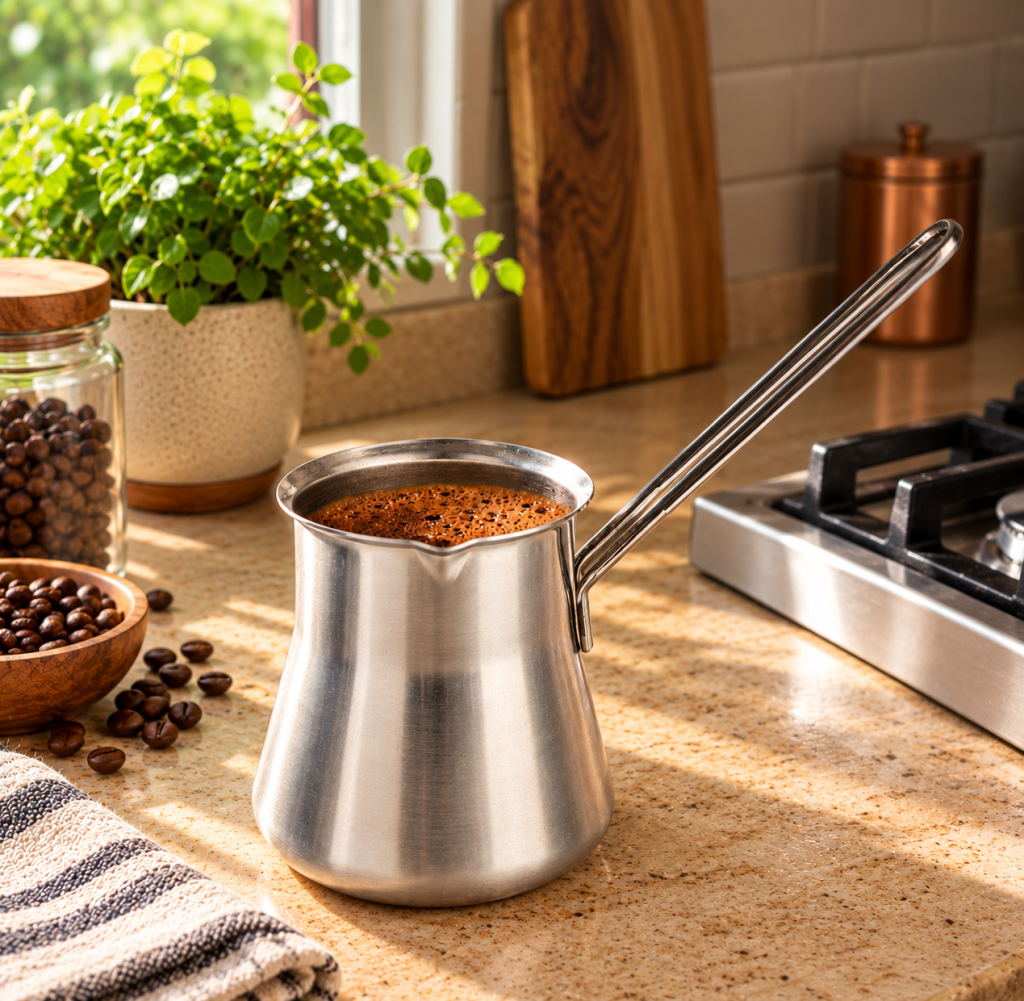 Caizen 15 oz stainless steel Turkish coffee pot with heat-resistant handle