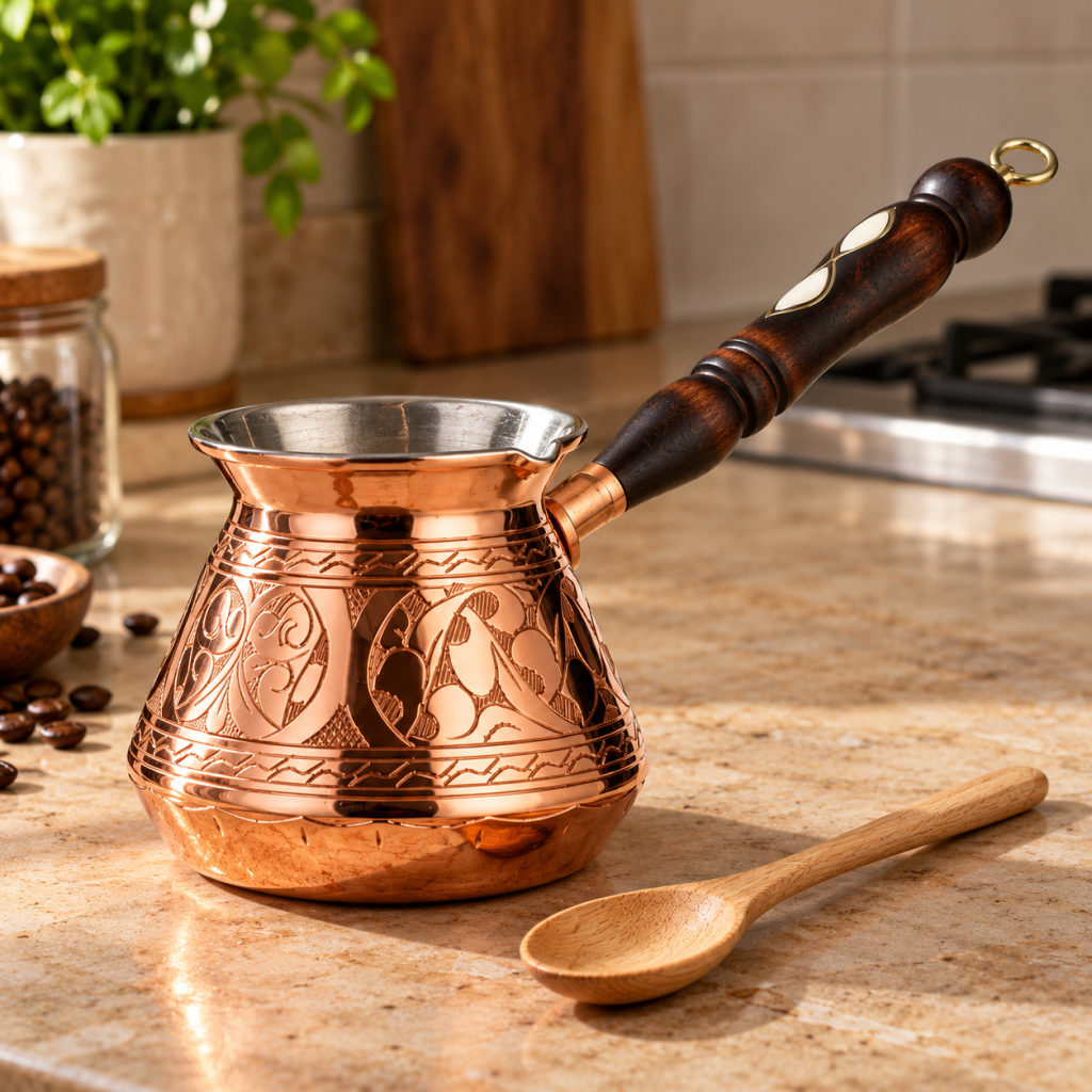 DEMMEX-style handmade copper Turkish coffee pot with tin-lined interior, wooden handle and matching wooden spoon