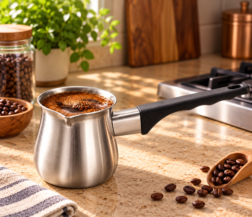 Fino 6 oz stainless steel Turkish coffee warmer with pouring spout