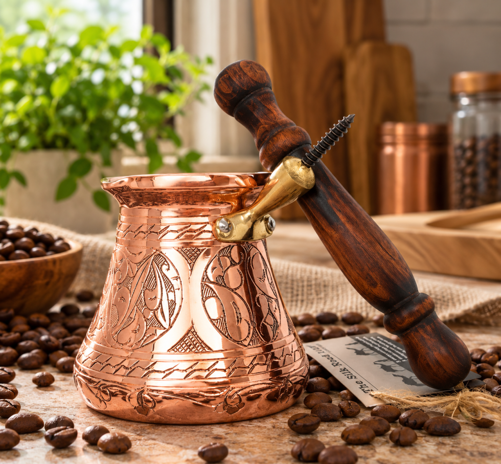 Silk Road Trade PC Series copper Turkish coffee pot with wooden handle