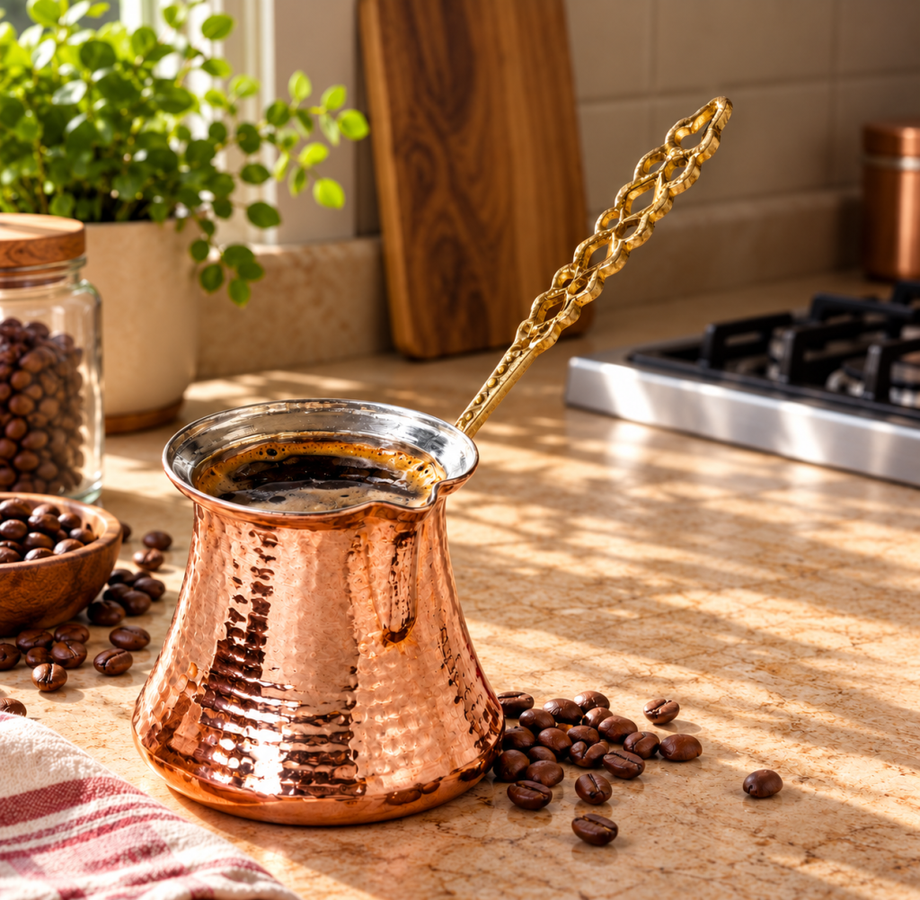 Volarium hammered copper Turkish coffee pot with long brass handle